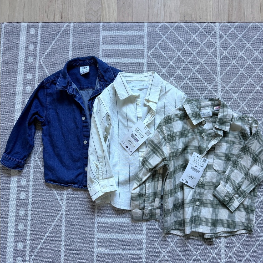 Zara Kids Button-Down Shirt Set - Denim, Striped, Green Plaid